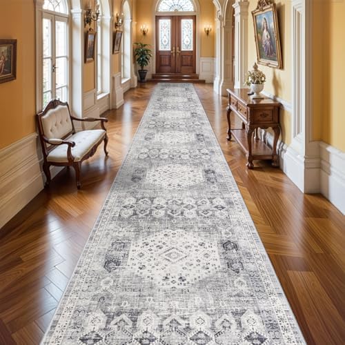 RUUGME 3x20 Washable Runner Rug - Extra Long Vintage Hallway Rugs with Non Slip Backing Soft Stain Resistant Carpet for Kitchen Bedroom Distressed Home Decor Floor Mat for Living Room 3x20 Grey - Image 3