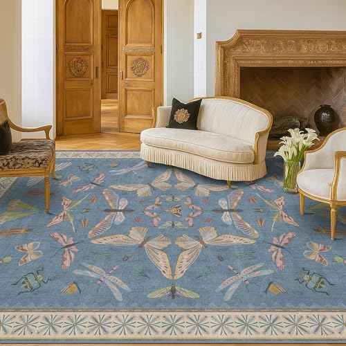 Hazo Haus 6x9 Blue Floral Rug for Dining Room Table - Area Rugs for Living Room, Bedroom, Insect Moth Art Nouveau Décor, Washable Lightweight Foldable Non Slip - Image 3