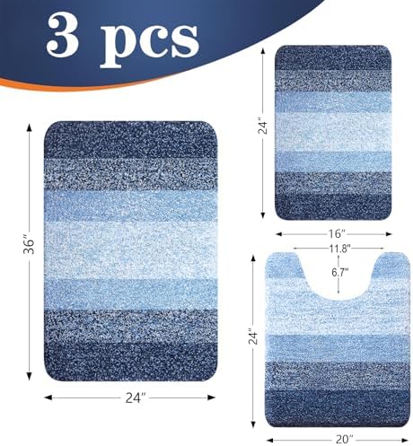 OLANLY Microfiber Bathroom Rugs Sets 3 Piece, Absorbent Bath Mats, Navy - Image 2