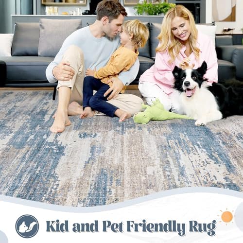 XLUEZ 6x9 Area Rugs for Living Room, Washable Modern Abstract Large Area Rug Neutral Soft Non Slip Kids Rug Stain Resistant Indoor Carpet for Bedroom Nursery Dining Room Playroom(BlueBeige, 6'x9') - Image 3