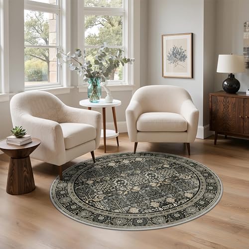 Bavni 5 Ft Washable Round Area Rug Non Slip for Living Room, Black by BAVNI
