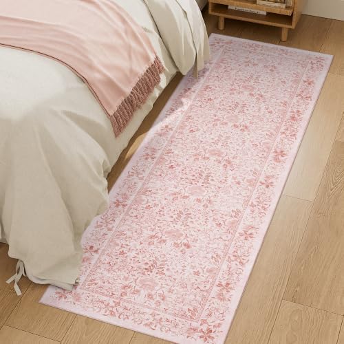 DUKINO 2x6 Runner Rug, Washable Vintage Floral Kitchen Rug, Pink by DUKINO