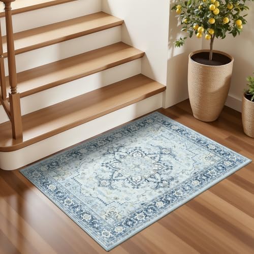 Lofus 2x3 Washable Rug for Entryway Bathroom, Light Blue Vintage Door Mats - Image 5