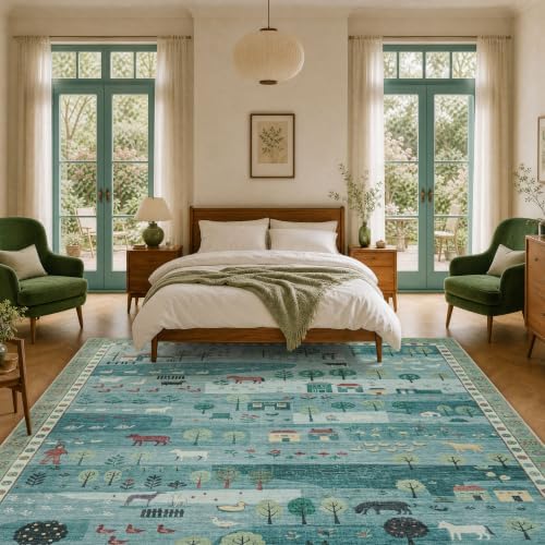 Machine Washable Area Rug 8x10 Ft, Whimsical Rug, Vintage Farmhouse, Green - Image 6