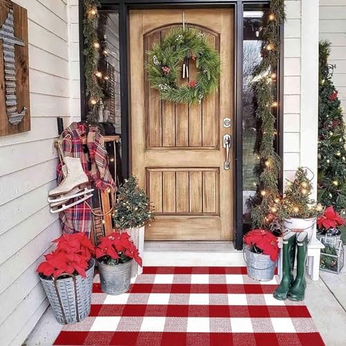 Christmas Plaid Outdoor Rug, 2'4" x 3'7" Red&White Check Indoor/Outdoor Area Rug, Layering Rug for Hello/Welcome Door Mat, Machine Washable Cotton Woven Rug for Farmhouse Front Porch,Entryway - Image 3