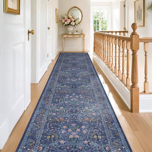 Vintage 3x16 Wide Hallway Runner Rug Non Slip, Ultra Thin Large Kitchen Indoor Floor Rugs for Entryway Hall Way, Soft Stain Resistant Low Pile Blue Floral Carpet - Image 3