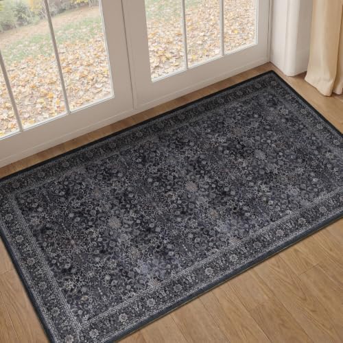 Dark 2x4 Entryway Rug, Vintage Door Mat Indoor Entrance Entry Way, Washable Non Slip Low Pile Thin Small Runner Rug for Kitchen Floor Sink Area Bathroom Bedside, Earth Tone Muted Midnight by Jainmy