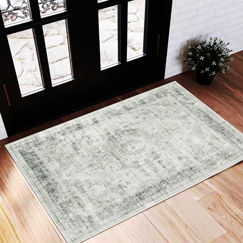 CHAMPLANT Washable Area Rug 2'x3' Floral Green Door Mat Vintage Distressed Doormat Indoor Entrance Traditional Thin Rug Floral Print Non Slip Carpet for Kitchen Bathroom Bedroom Living Room by CHAMPLANT