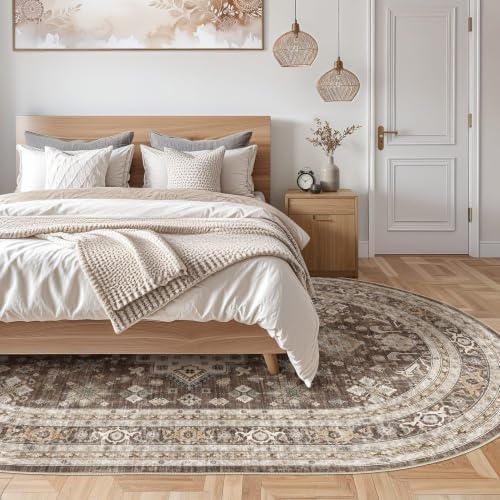 5x8 Ellipse Area Rug for Living Room, Washable, Traditional, Dark Brown - Image 7