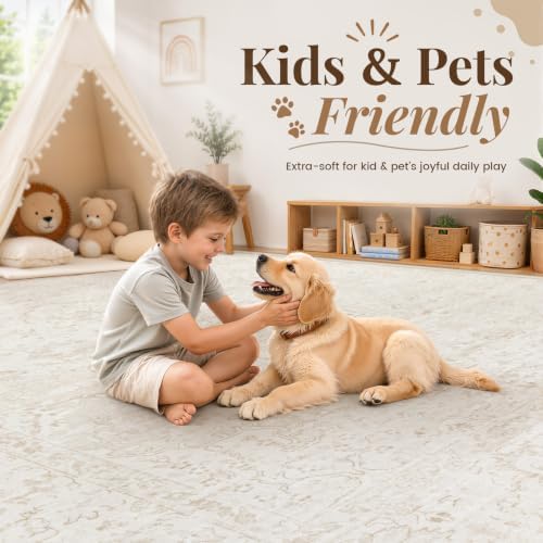 Zomfy Washable Rugs 9x12 Area Rug: Boho Vintage Rug Large Non-Slip Soft Rugs for Living Room Low Pile Retro Medallion Indoor Carpet for Bedroom Nursery Dining Room Farmhouse Home Office(Beige, 9'x12') - Image 5