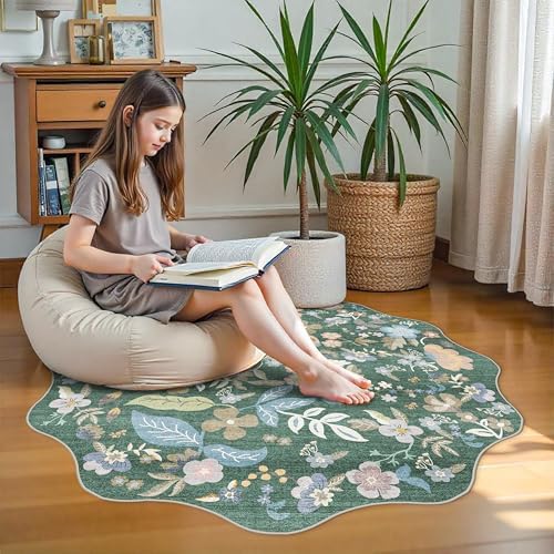 4ft Scalloped Small Round Rug: Non-Slip Washable Floral Circle Rug Green - Image 3