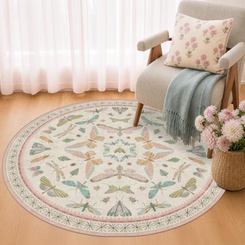 Boho Light Pink Round Rugs for Kids Bedroom - 4 ft Unique Circle Area Rugs for Baby Nursery, Washable Low Pile & Soft Cute Throw Rugs for Living Room, Playroom, Reading Corner, Fun Insect Décor by HazoHaus