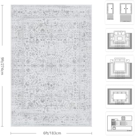 6x9 Area Rugs, Washable Vintage Retro Floral Rug for Living Room, Low Pile Non Slip Distressed Large Carpet for Bedroom, Dining Room, Office, Home (Grey) - Image 2