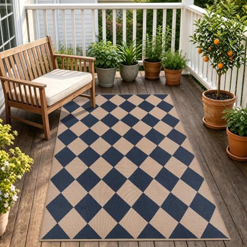 Checkered Easy Jute 4x6 Outdoor Rug Washable Non Slip Khaki Rugs for Entryway Indoor Outdoor Farmhouse Neutral Front Door Mat for Backyard Patio Proch Living Room by Zeeinx