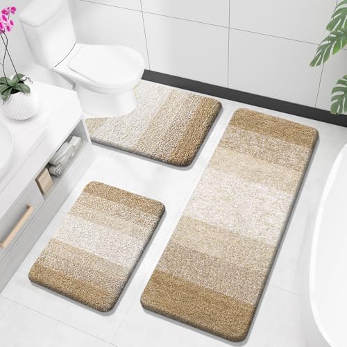 OLANLY Microfiber Bathroom Rugs Sets 3 Piece, Absorbent Bath Mats, Tan by OLANLY