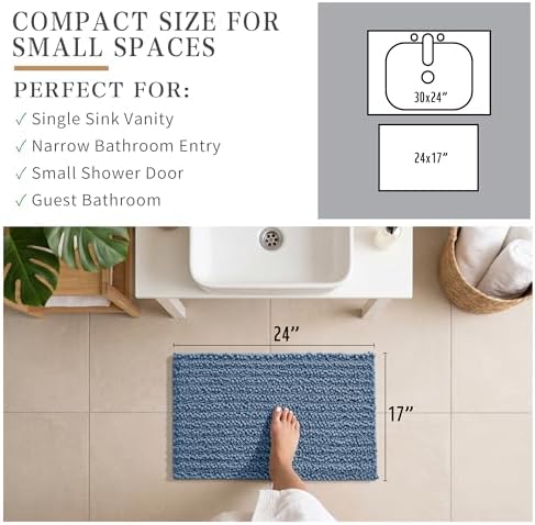 Yimobra Bathroom Rugs Non Slip Washable - Ultra Soft Absorbent Chenille Bath Mat, Quick Dry Shaggy Floor Carpet for Tub Shower, Denim Blue Home Decor Accessories, 24x17 Inch - Image 3