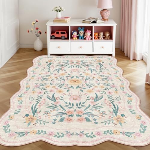 Pink Floral Rug 4X6 for Girls Bedroom or Nursery, Scalloped Cottagecore Washable Non-Slip Area Rug, Cute Soft Boho Carpet for Kids Room, Dorm, or Playroom - Image 3
