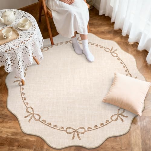 GarveeHome 6ft Round Rugs Washable Scalloped Bow Rug for Bedroom, Beige - Image 3