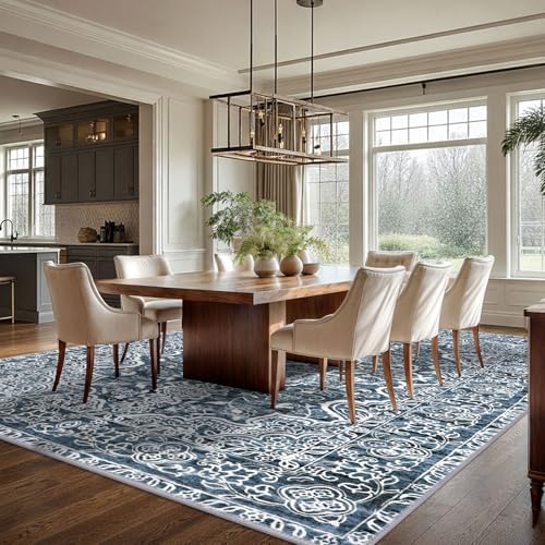KUTA 9x12 Vintage Area Rug for Living Room Washable Large Rugs Blue White - Image 4