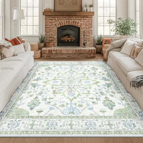 RELEANY Washable Area Rug, Square 8'x8', Green/White/Blue - Image 2