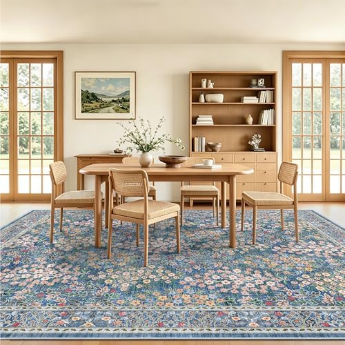 9x12 Large Area Rugs, Machine Washable Low Pile Floral Rugs for Living Room, Bedroom, Boho Style with Non-Slip Backing Nursery Rug(Blue Floral) - Image 3