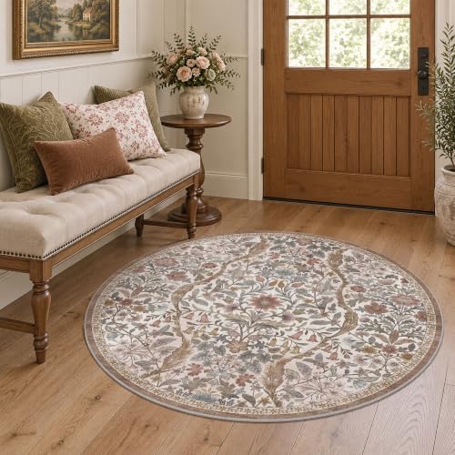 Round Rug 4ft Floral Circle Rug Green Botanical Indoor Area Rugs by NakedCloud