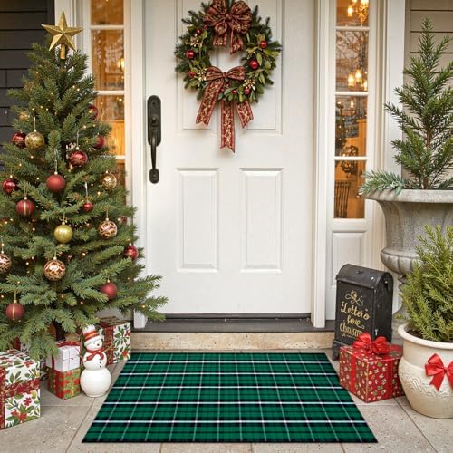 OJIA Christmas Front Door Mat Outdoor 24"x36" Green Plaid Rug Porch Decor by OJIA