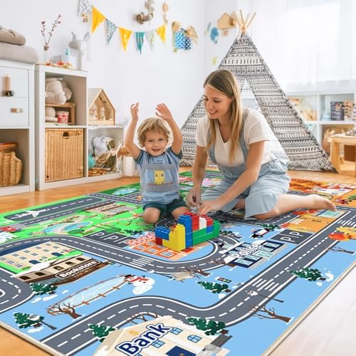 Car Rug Play Mat for Kids Toy Cars, 7' x 9' City Road Town Track Area Rug - Image 2