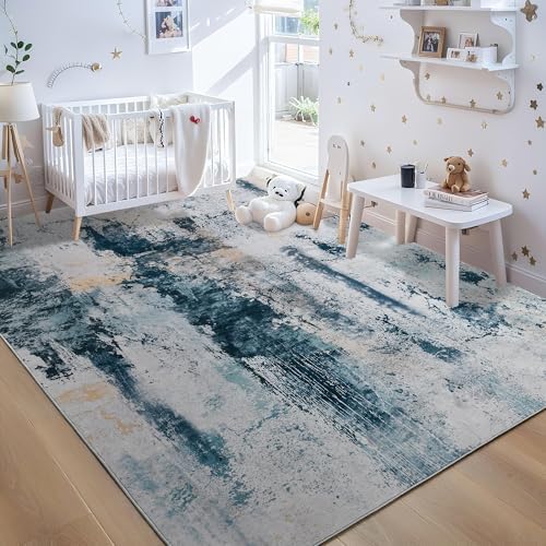 Living Room Rug 7x10 Aqua Blue Area Rugs Machine Washable Abstract Boho Large Rug Non-Slip Non-Shedding Faux Wool Indoor Vintage Carpet for Bedroom, Classroom, Dining Room, Kids Playroom - Image 3