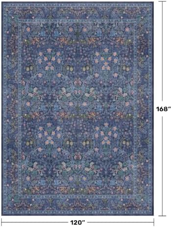 Washable Dark Blue Rug for Living Room - 10x14 Large Area Rug for Dining Room Under Table, Bedroom, Soft Low Pile Non-Slip Stain Resistant Carpet - Vintage Navy Floral Design - Image 2