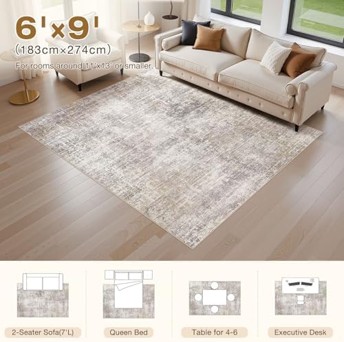 kakania Abstract 6x9 Area Rugs for Living Room: Washable Rugs Brown Gold - Image 2
