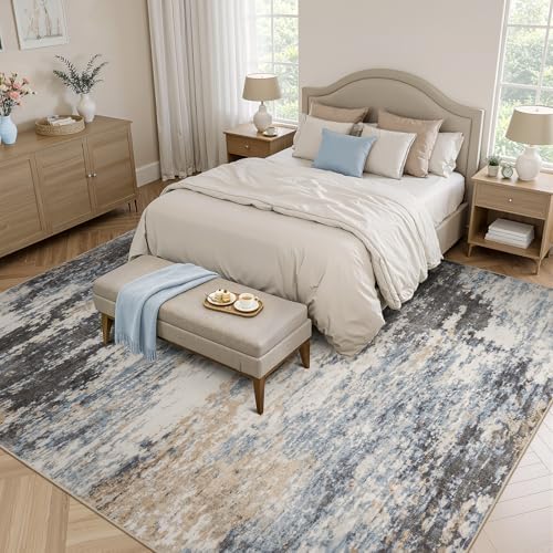 10x14 Area Rug for Living Room, Abstract Washable Large Rugs, Grey/ Blue - Image 2