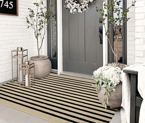 BUAGETUP Washable Outdoor Rug 3'x5'Black and Tan Striped Porch Rug Area Rug - Image 4