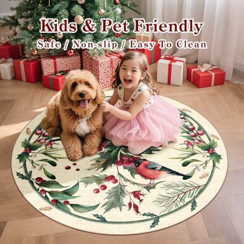 nesrt Beige Christmas Round Washable Area Rugs 5ft Non Slip for Living Room - Image 2