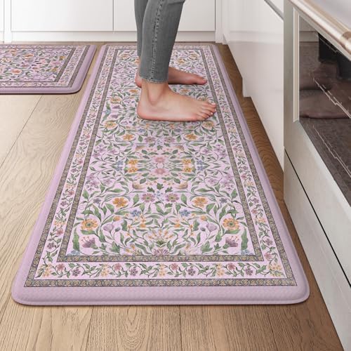 KIMODE Anti Fatigue Kitchen Mats,Purple Boho Floral Kitchen Rugs Sets of 2 by StayinComfortCookwithJoy