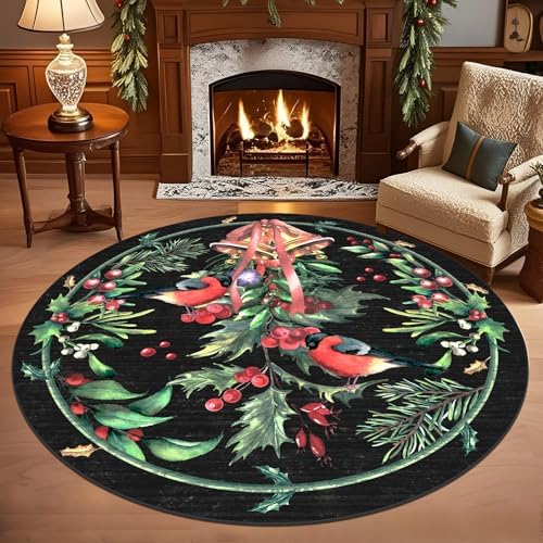 nesrt Black Christmas Round Area Rugs 5ft Non Slip Washable for Living Room by nesrt