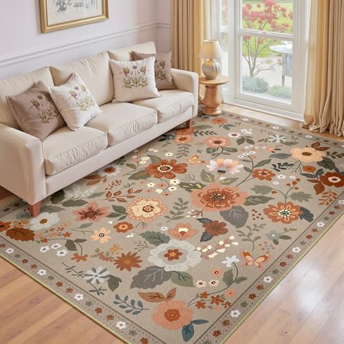 RELEANY Floral Washable 6x9 Area Rugs Brown/Brick by RELEANY