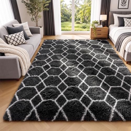 Area Rugs for Bedroom Living Room, 4x6 Fluffy Black and White Geometric Rug by ONASAR