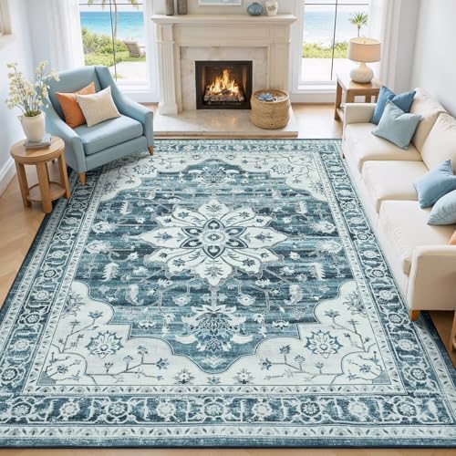 6x9 Washable Area Rugs for Living Room, Blue White Vintage Boho Rug by Vibrug