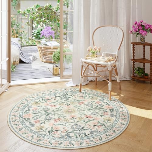 Wonnitar Floral Round Rugs 6ft, Boho Large Machine Washable Circle Rug, Low Pile Soft Flower Botanical Print Beige Round Carpet for Living Room Bedroom Dorm Sunroom by Wonnitar