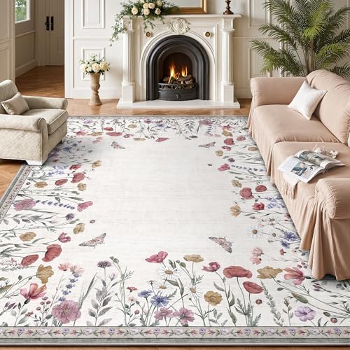 5x7 Area Rugs, Rugs for Bedroom, Indoor Non-Slip Washable Rug for Living Room, Dining Room, Low Pile Home Decor Floral Rug(Classic Beige) by Yarooge