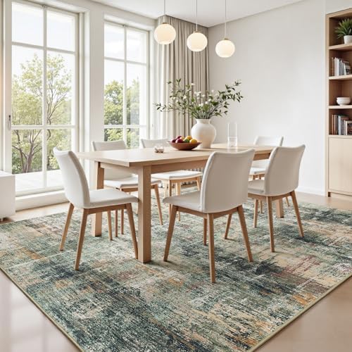 7x10 Area Rug for Living Room, Abstract Washable Large Rugs, Coffee/Green - Image 3