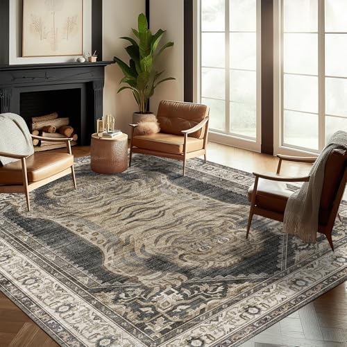 CHAMPLANT Washable Area Rug 9'x12' Retro Boho Design Non-Shedding Easy Care Ideal for High Traffic Areas in Living Room Bedroom Office Coffee Table Kitchen Large Carpet by CHAMPLANT