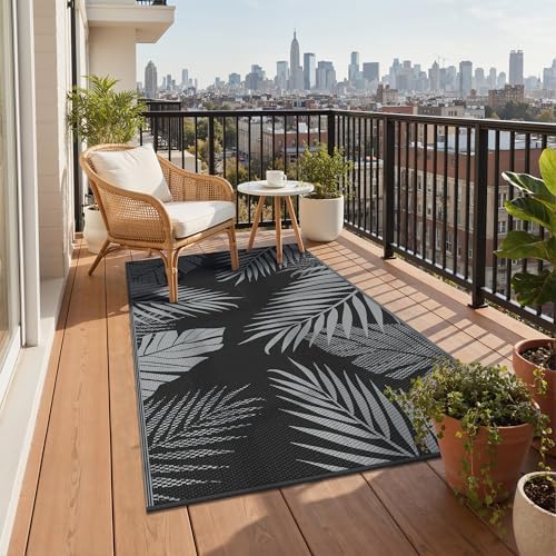 GENIMO Outdoor Rug 3'x5' Waterproof for Porch, Plastic Door Mat Black Grey - Image 5