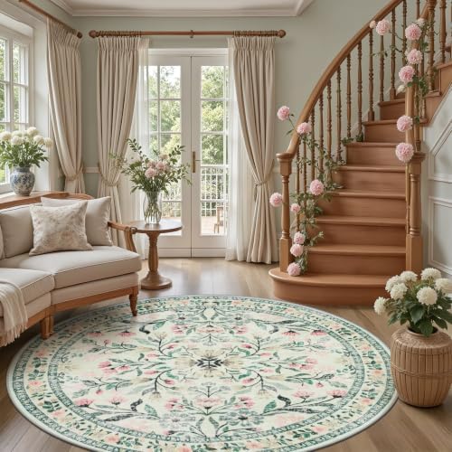 PLHXFR Round Area Rug Living Room: 8 ft Floral Washable Carpet Green Beige - Image 5