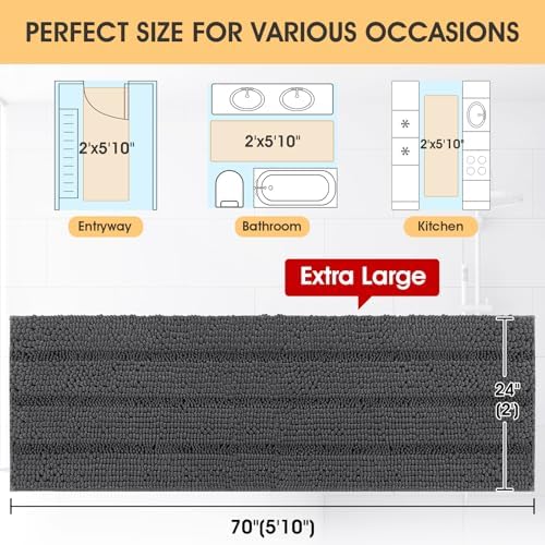 ACCUMTEK Extra Long Striped Grey Bathroom Rug Mat 70"x24" Ultra Soft, Non Slip Chenille Bath Rugs, Absorbent Plush Shaggy Bath Mats for Bathroom, Bedroom, Kitchen, Shower, Tub,Dark Gray, Charcoal - Image 2