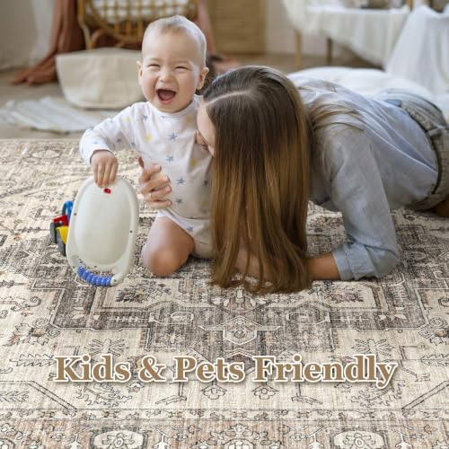 7x10 Area Rug: Washable Vintage Light Brown Rugs for Living Room - Image 6