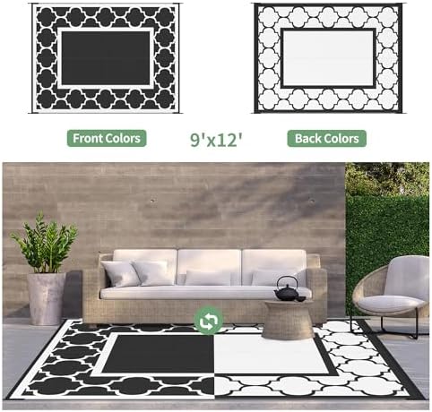 GENIMO Outdoor Rug, Waterproof Plastic Rugs for Patio, 9'x12' Black White - Image 4