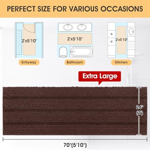 ACCUMTEK Extra Long Striped Brown Bathroom Rug Mat 70"x24" Ultra Soft, Non Slip Chenille Bath Rugs, Absorbent Plush Shaggy Bath Mats for Bathroom, Bedroom, Kitchen, Shower, Tub - Image 2