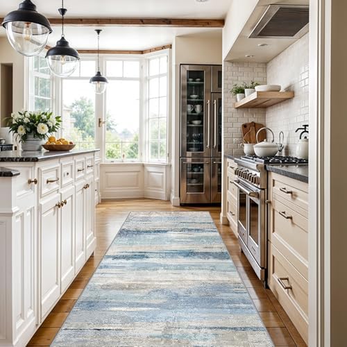 YOUFORTONG Washable Runner Rug 4x12 - Indoor Low Pile Rugs for Kitchen Hallway Non Slip Entryway Carpet Ultra-Soft Modern Abstract Print Home Decor Thin Floor Mat for Bathroom 4x12 Blue - Image 3